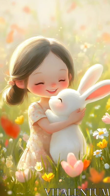Sunlit girl embracing fluffy white rabbit in flower meadow.