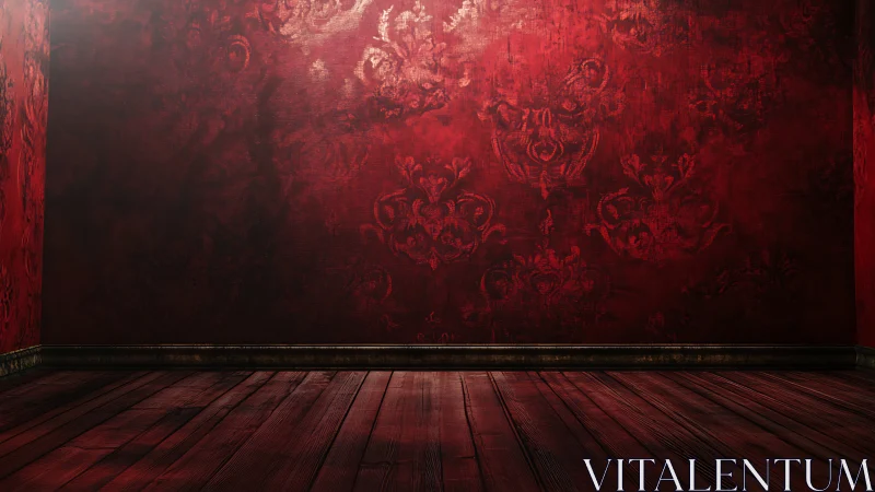 Empty red room shows ornate textured walls and wood floor