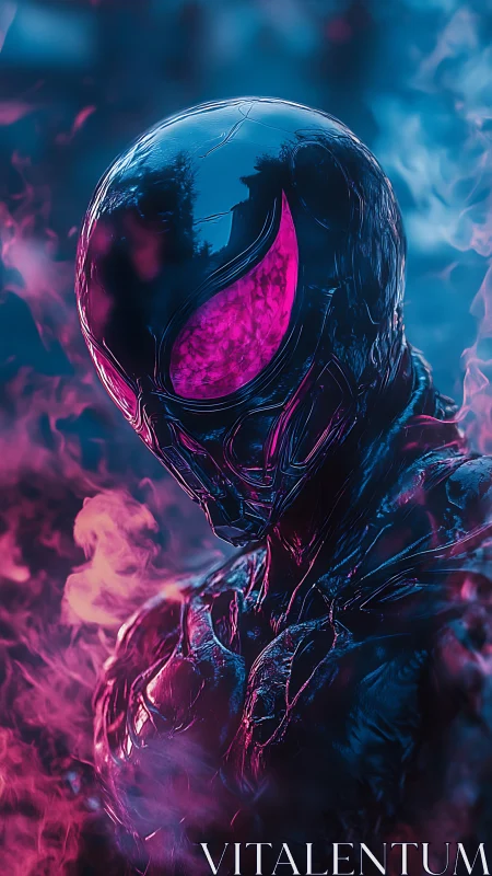 Neon-clad alien warrior emerges through swirling magenta smoke