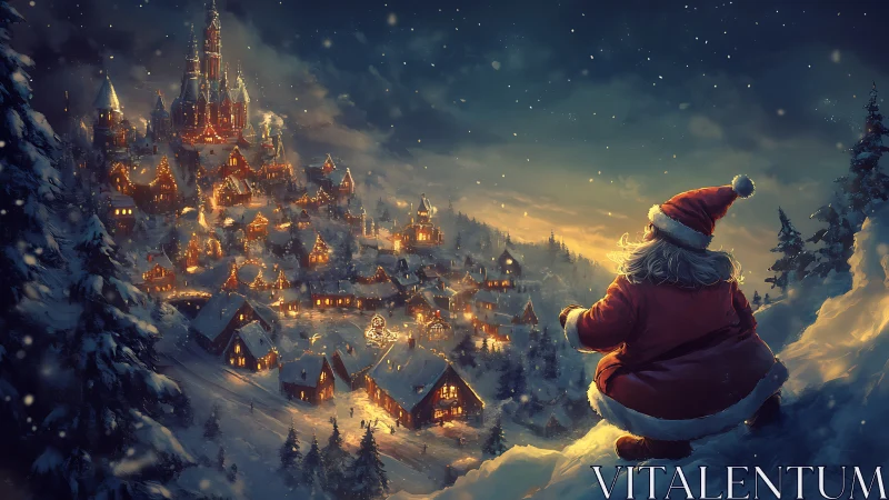 Santa gazes over a glowing winter village of cozy wonder.