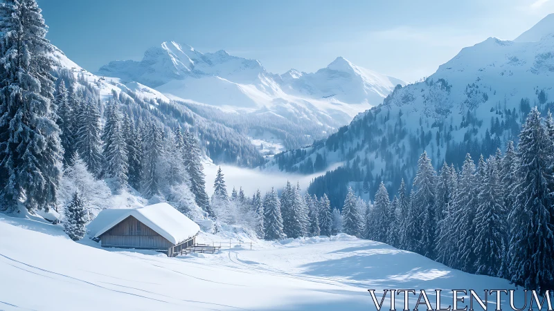 Snowy alpine cabin below frosted conifer forest peaks.