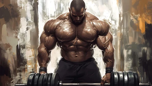 Digital painting shows muscular man preparing to lift barbell