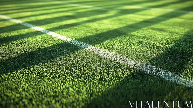 White field marking intersects synthetic grass under linear shadows