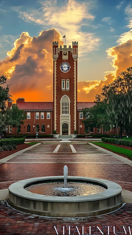 Sunlit collegiate clock tower framed by dramatic clouds.