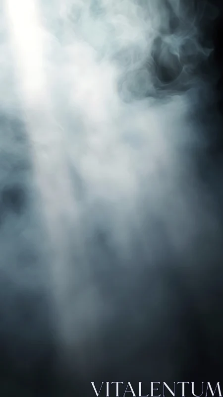Light shaft penetrating dense white smoke in darkness.