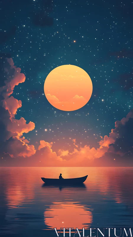 Solitary boat under oversized moon in surreal twilight seascape