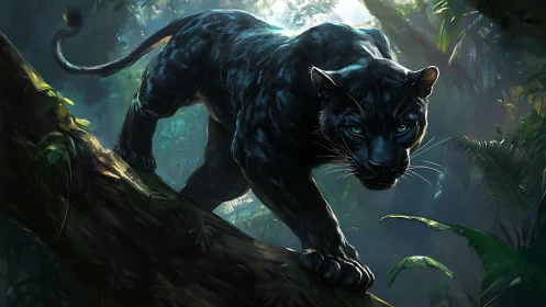 Melanistic Feline Predator in Arboreal Jungle Environment with Luminous Atmospheric Depth