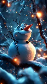 Smiling cartoon snowman glows in a magical winter forest