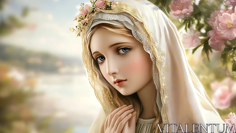 Serene veiled woman portrait among soft pink blossoms.