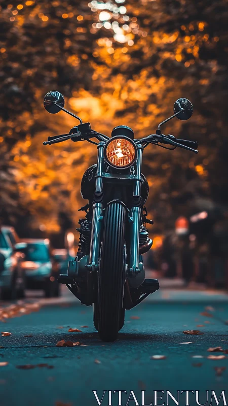 Motorcycle stands centered on urban street at sunset light