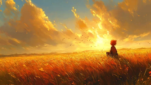 Solitary figure in golden wheat field at radiant sunset.