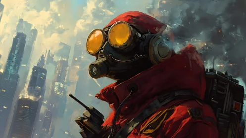 Figure in red hazmat gear against dense futuristic skyline.