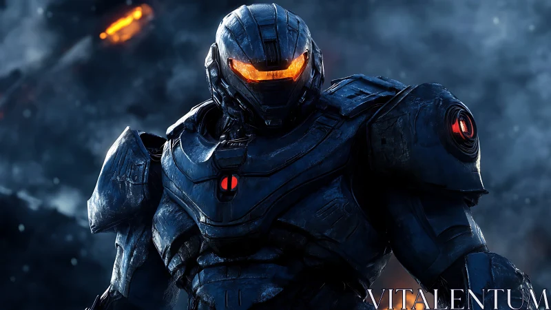 Storm-lit battle mech with ember eyes ready for impact.