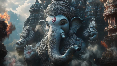 Monumental Ganesha stone colossus amid burning temple ruins