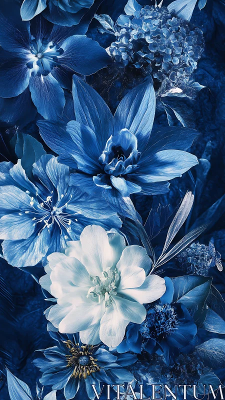 Blue and white flower composition with layered floral arrangement