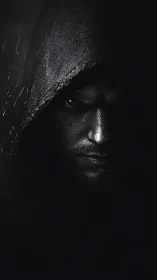 Brooding hooded man in harsh low key dramatic lighting.