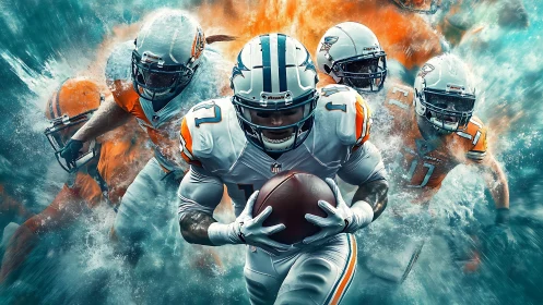 Gridiron comet rush in teal and orange storm of motion.