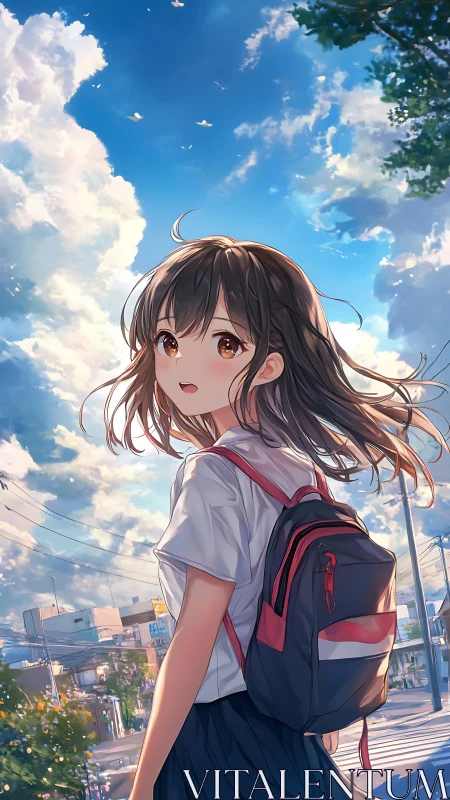 Schoolgirl walks along urban street under expansive sky