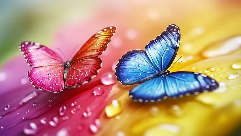 Vivid butterflies with raindrops on rainbow petals.