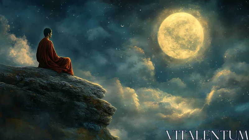 Monk in crimson robe contemplates luminous full moon