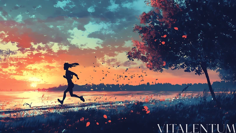 Silhouetted runner chases the sunrise along a glowing lakeshore