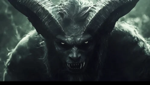 Demonic horned beast emerging from shadows in monochrome light.