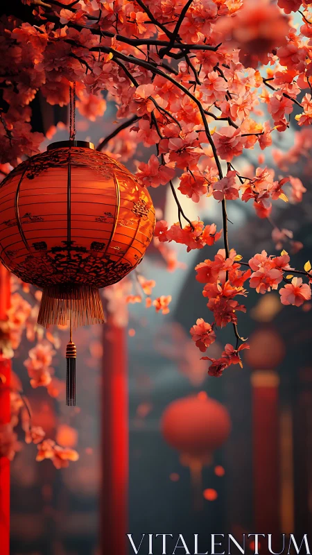Lantern and cherry blossoms in shallow-depth atmospheric focus.