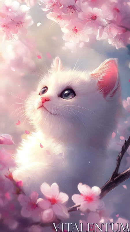 White Cat Among Pink Cherry Blossoms in Dreamy Light.