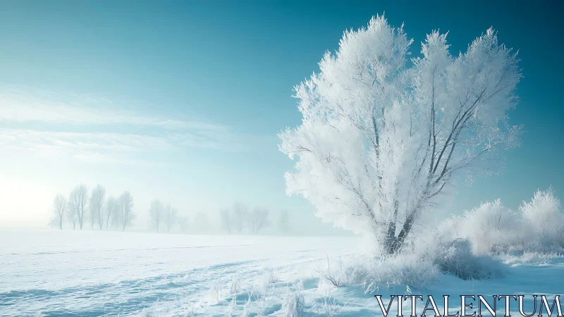 Winter trees glow softly under a calm blue morning sky