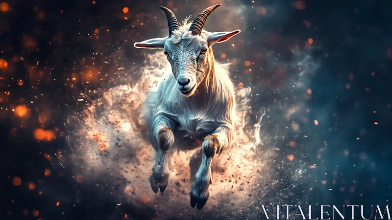 Mythic white goat charges through glowing embers and smoke.