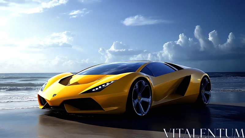 Aerodynamic yellow supercar rendered on reflective shoreline.