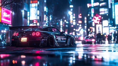 Neon-soaked drift car under rain in cyber Tokyo streets.