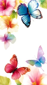Colorful butterflies with tropical flowers on white background.