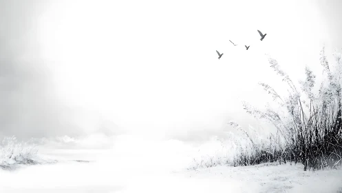 Gentle winter reeds and distant birds in a dreamy white sky.