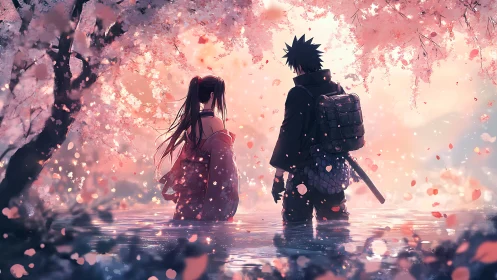 Samurai pair in flooded sakura grove under refracted dusk light.