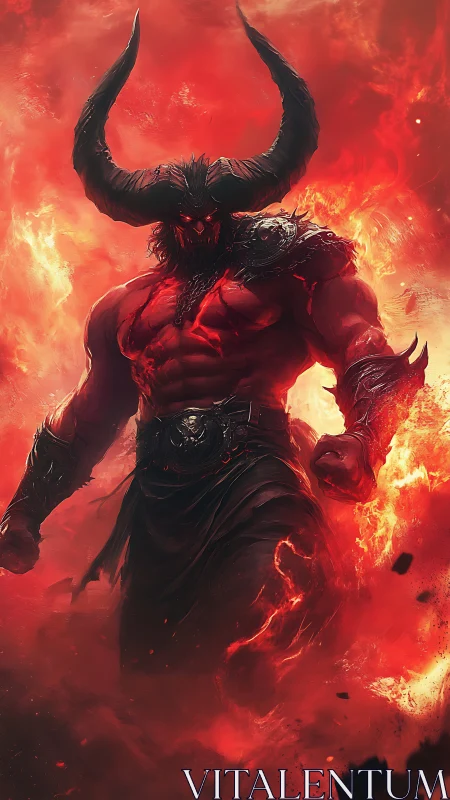 Infernal horned demon strides through erupting firestorm