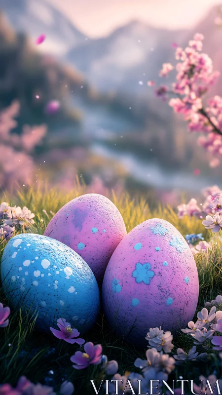 Colored eggs among flowers in a blurred spring landscape.