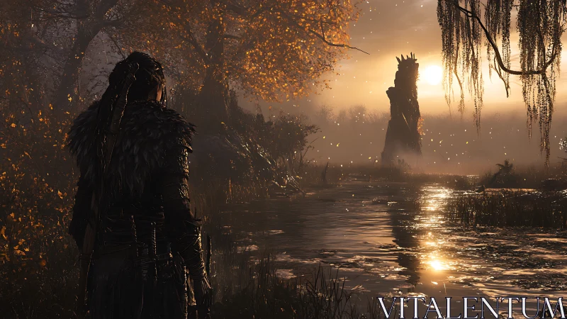 Warrior of dusk studies the cursed marsh idol in silence