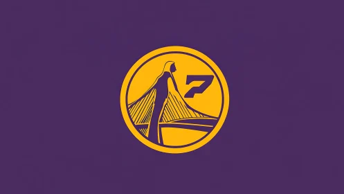 Golden bridge emblem with stylized figure and numeral seven.