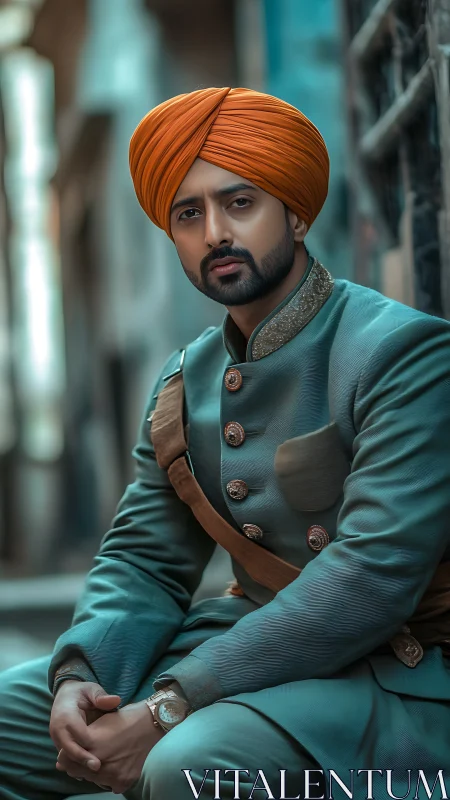 Turbaned gentleman in teal attire on blurred old street.