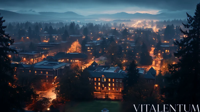Foggy small city at dusk with glowing streetlights visible.