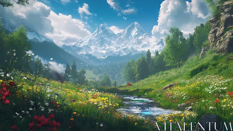 Digital alpine valley render shows stream, meadow and peaks