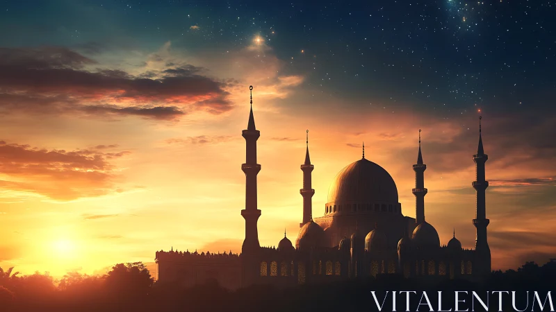 Silhouette of grand mosque under vivid sunset sky.
