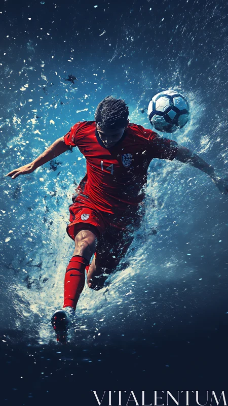 Dynamic soccer striker explodes through water in blue haze