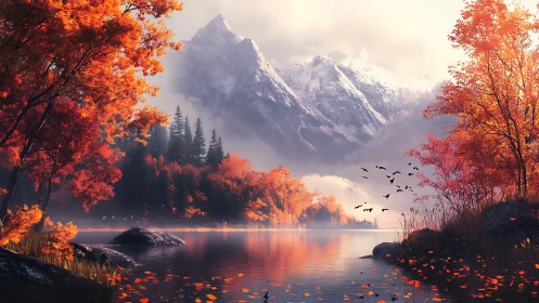 Mountain lake with autumn forest and distant bird flock.