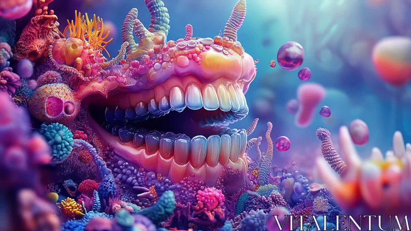 Surreal 3D biomorphic reef with iridescent toothed aperture.