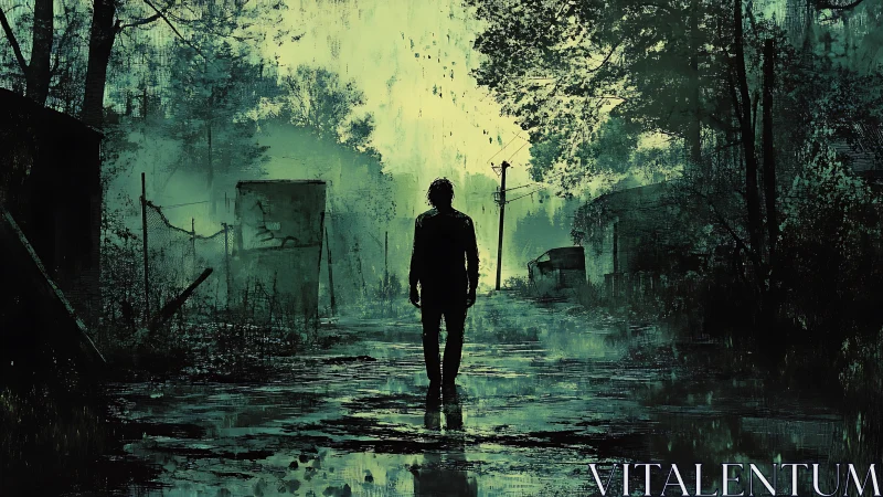 Lone silhouette drifts through moss-tinted, rain-soaked ruins