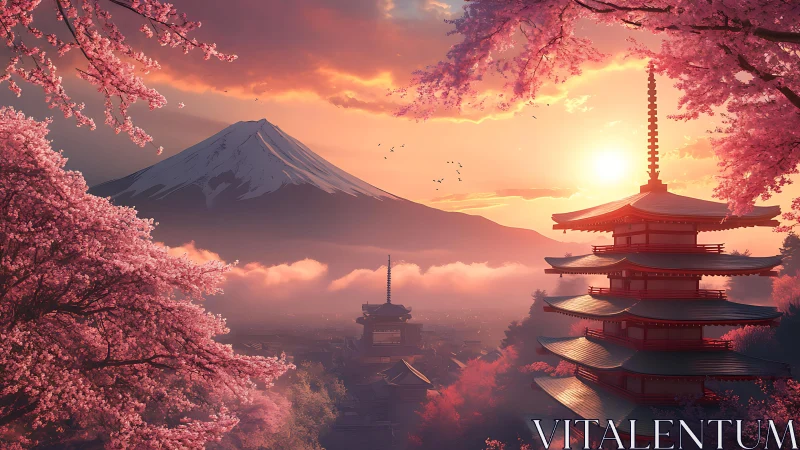 Sunset over pagoda and distant snow peak in spring mist.