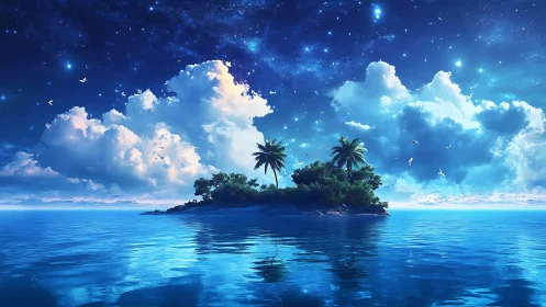 Tropical Island Landscape with Celestial Sky Elements.