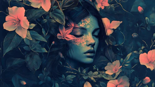 Dreaming in petals and shadowed teal forest hush.